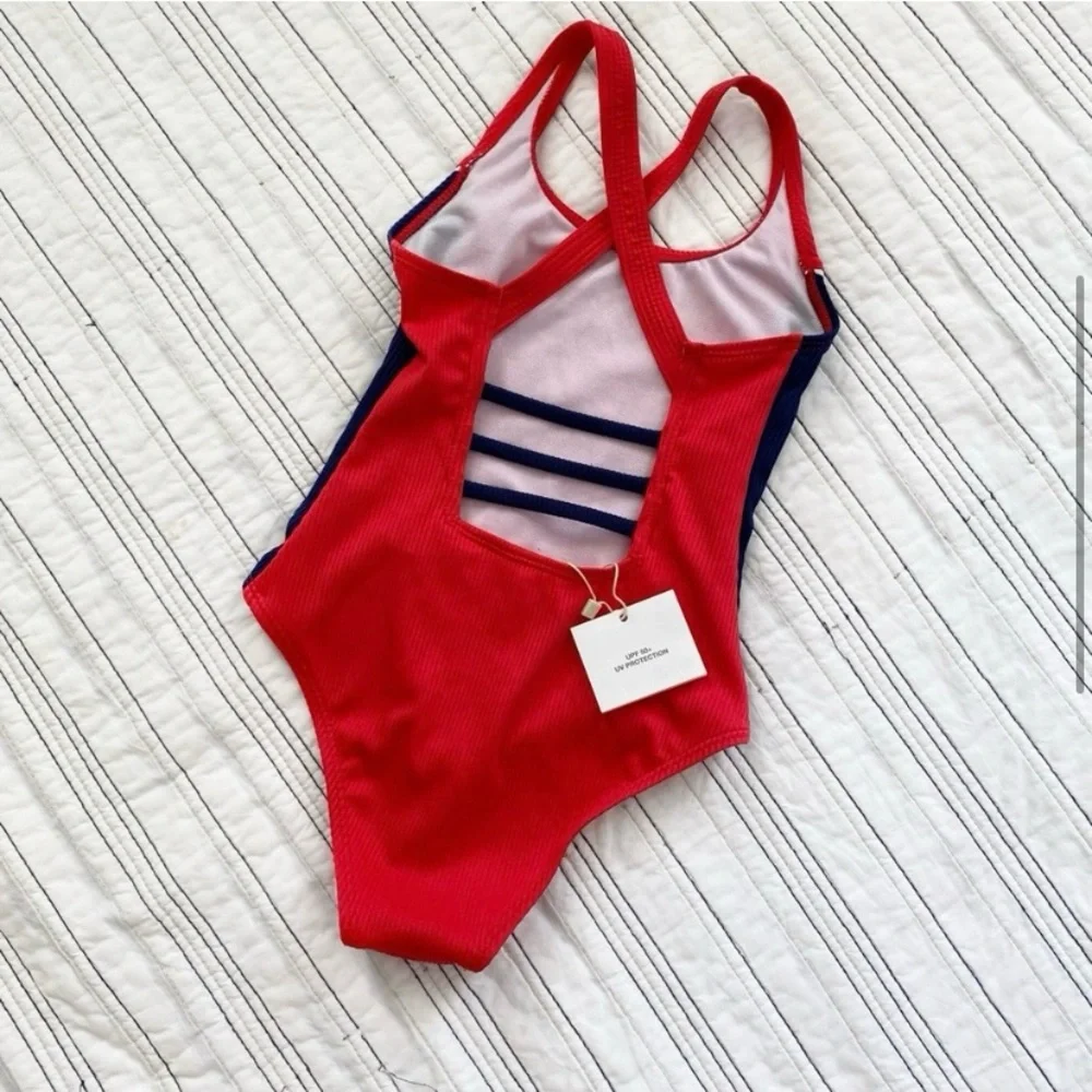 NWT ZARA Girls Ribbed Knit Retro One piece Swimsuit Bright Red Navy sz 6 - 7